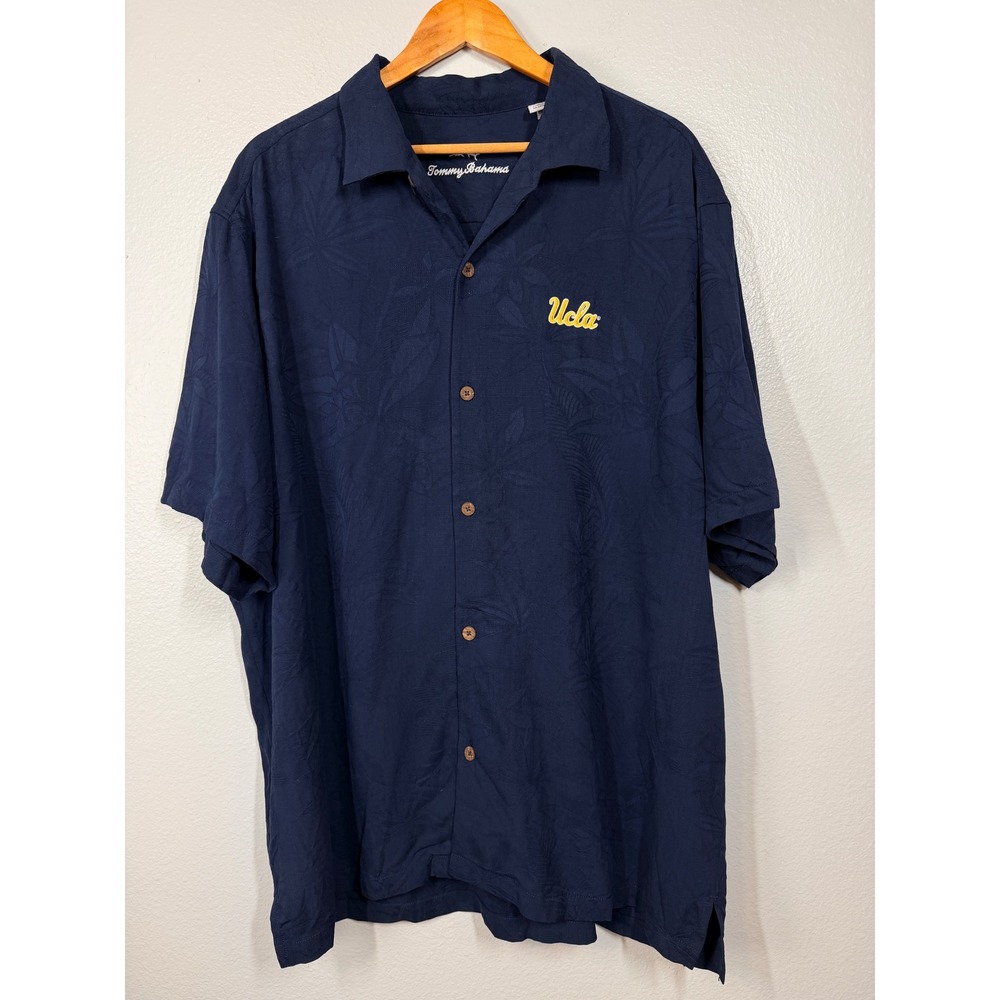 Tommy Bahama Mens Shirt XXL Navy UCLA Embroidered Silk Short Sleeve Button Up‎